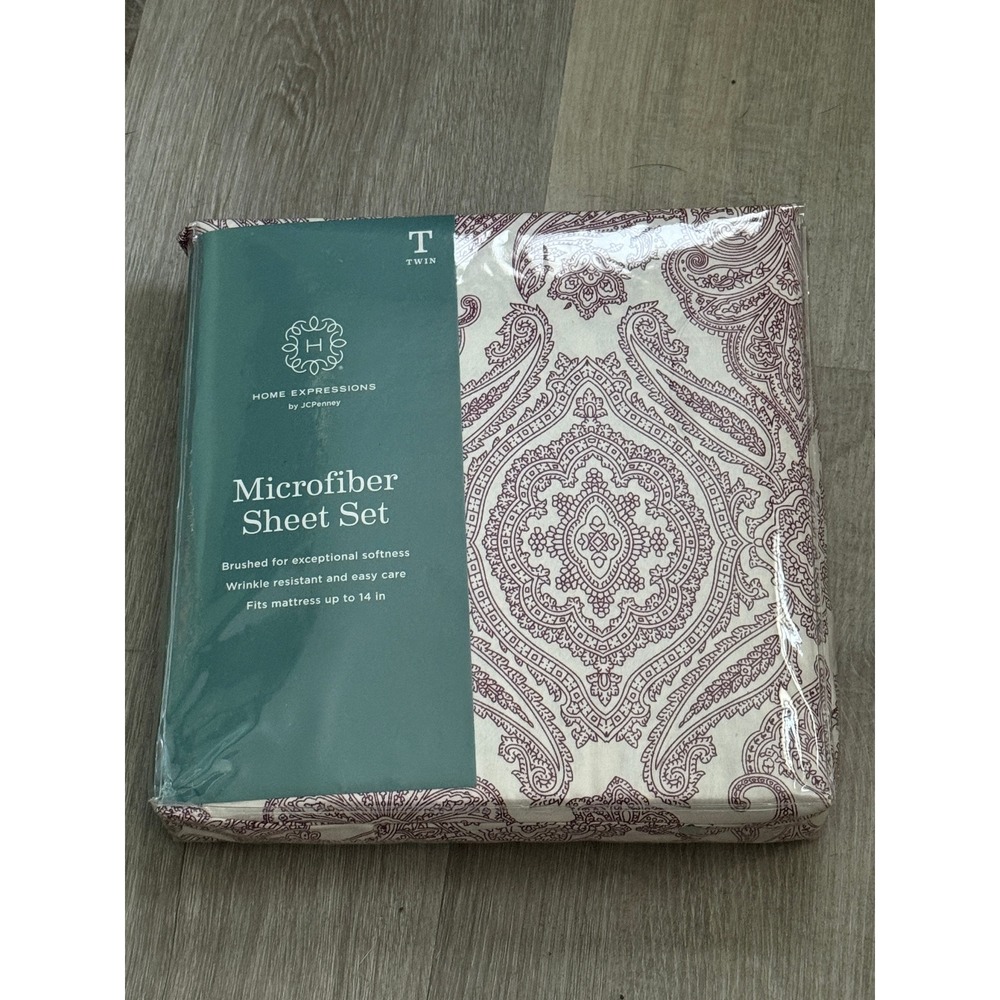 Home Expressions‎ JCPenney Twin Microfiber Sheet Set Paisley Burgundy White NEW